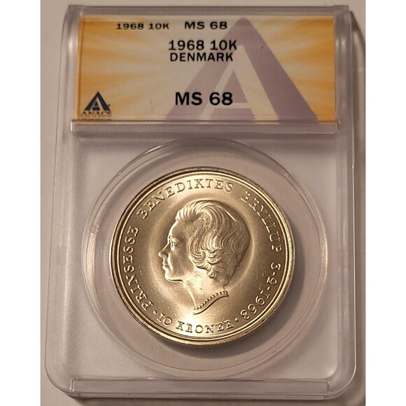 Denmark 1968 Silver 10 Kroner Wedding of Princess Benedikte MS68 ANACS - Picture 1 of 2